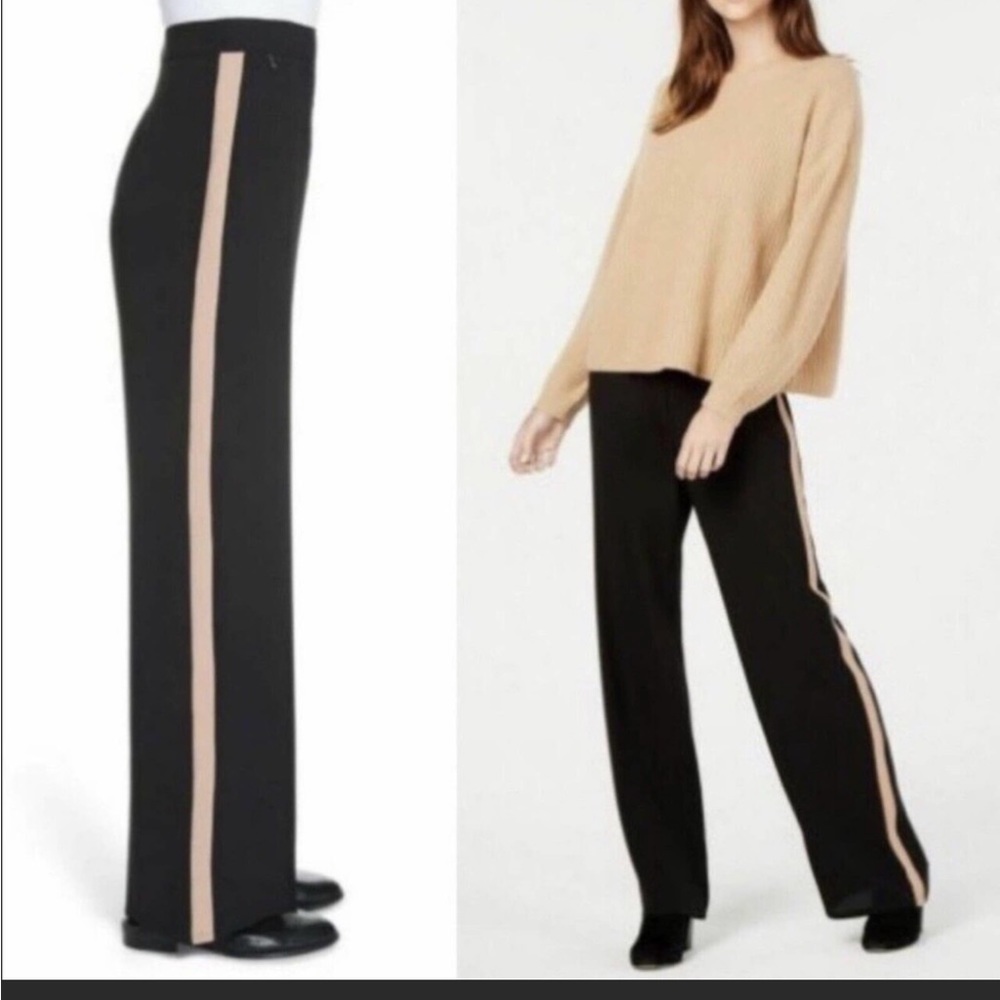 Eileen Fisher Silk Georgette Crepe Straight Pants Womens 16P Black w/ Tan Stripe
